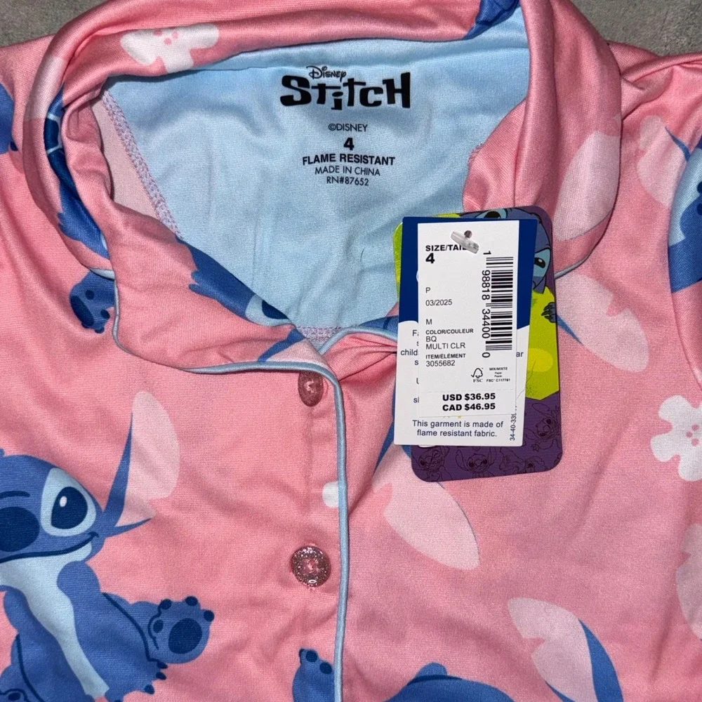Disney Stitch Pajamas Kids Size 4 Pink Blue Flame Resistant Sleepwear Set‎